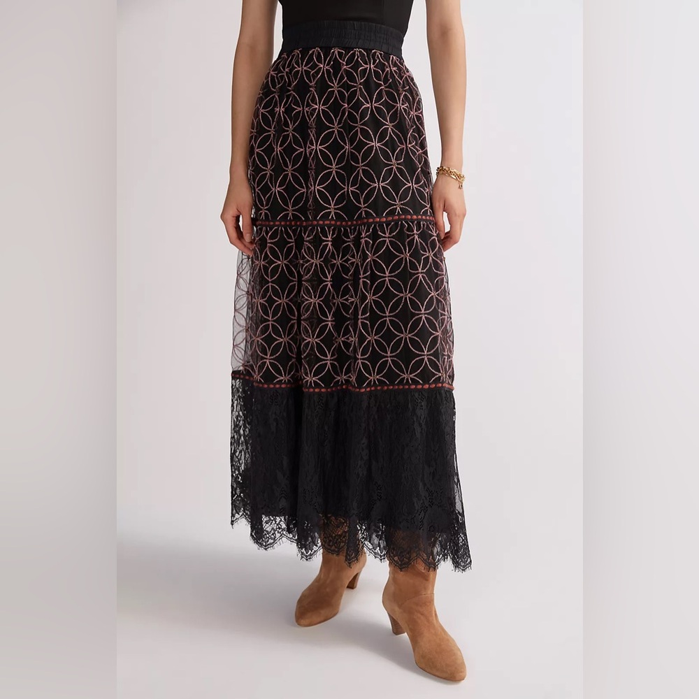 Anthropologie bl-nk embroidered chiffon and lace maxi skirt